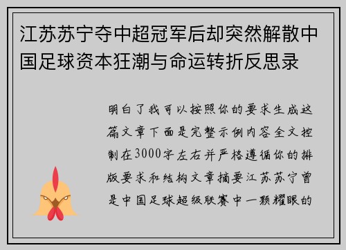 江苏苏宁夺中超冠军后却突然解散中国足球资本狂潮与命运转折反思录 江苏苏宁夺中超冠军后却突然解散中国足球资本狂潮与命运转折反思录
