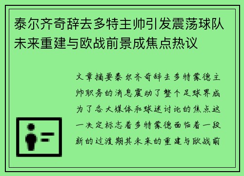 泰尔齐奇辞去多特主帅引发震荡球队未来重建与欧战前景成焦点热议