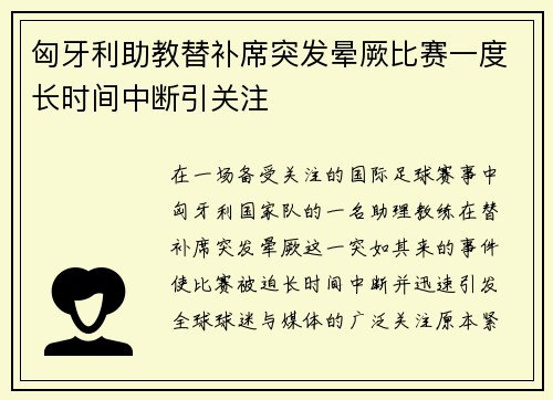 匈牙利助教替补席突发晕厥比赛一度长时间中断引关注